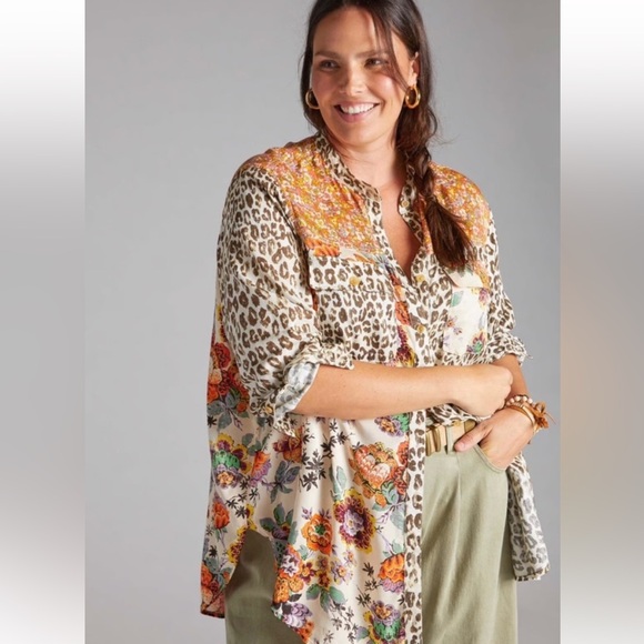 Pilcro by Anthropologie Leopard Floral Patchwork Button Down Shirt Medium Boho - Picture 8 of 8